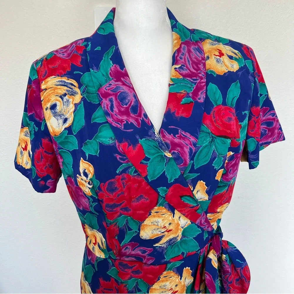 Vintage 90's Positive Attitude Women's Vibrant Floral Faux Wrap Dress Size 14P - Picture 5 of 11